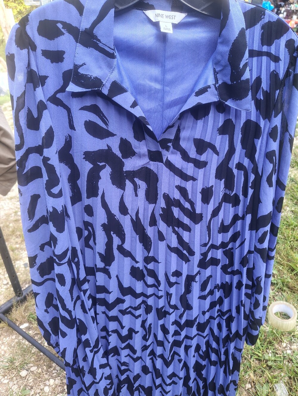 Nine West Blue and Black Animal Print Pleated Mini Dress